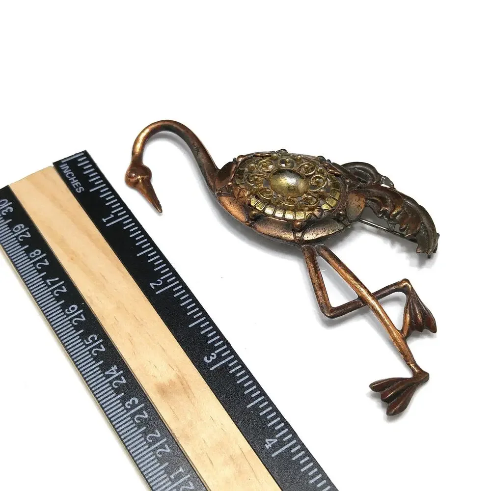 Vintage Tall Bird Brooch, Mixed Metals, 1930s 1940s